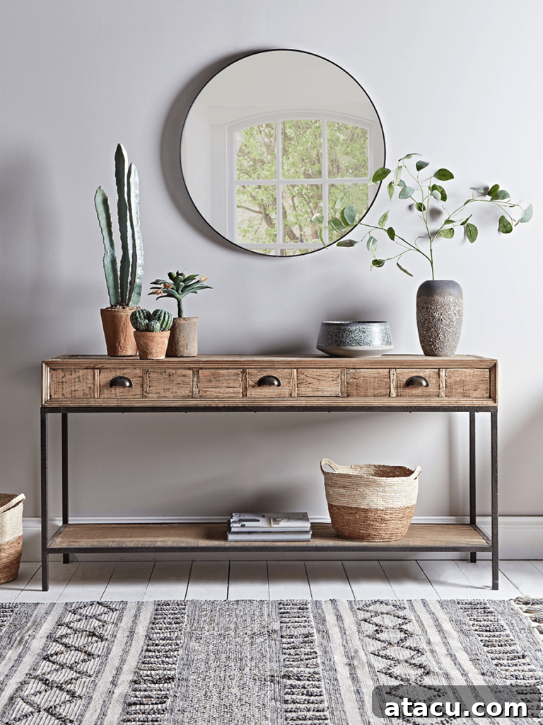 Unlocking Visual Appeal with Threes and Fives 2 A trio of terracotta plant pots containing cacti arranged on a reclaimed wood console table.
