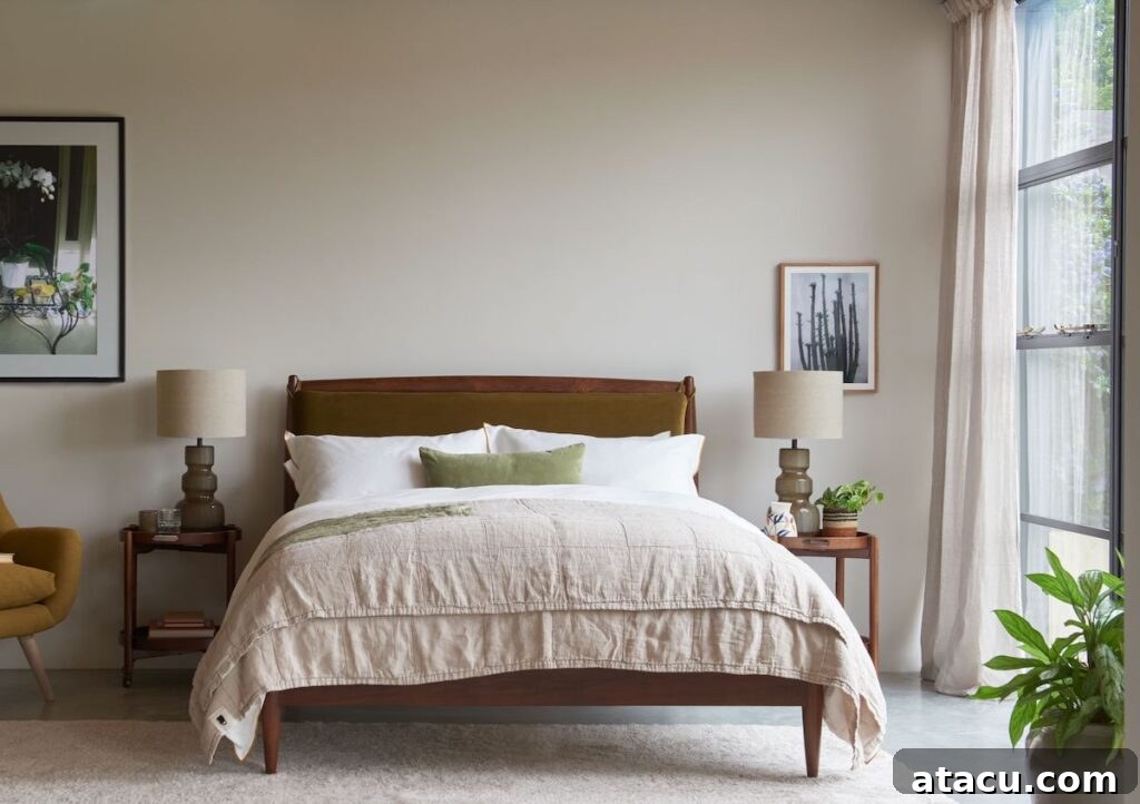 Unlocking Visual Appeal with Threes and Fives 5 A stylish mid-century bedroom with a wooden bed, cozy neutral linens, and framed artwork, featuring soft lighting and natural textures.