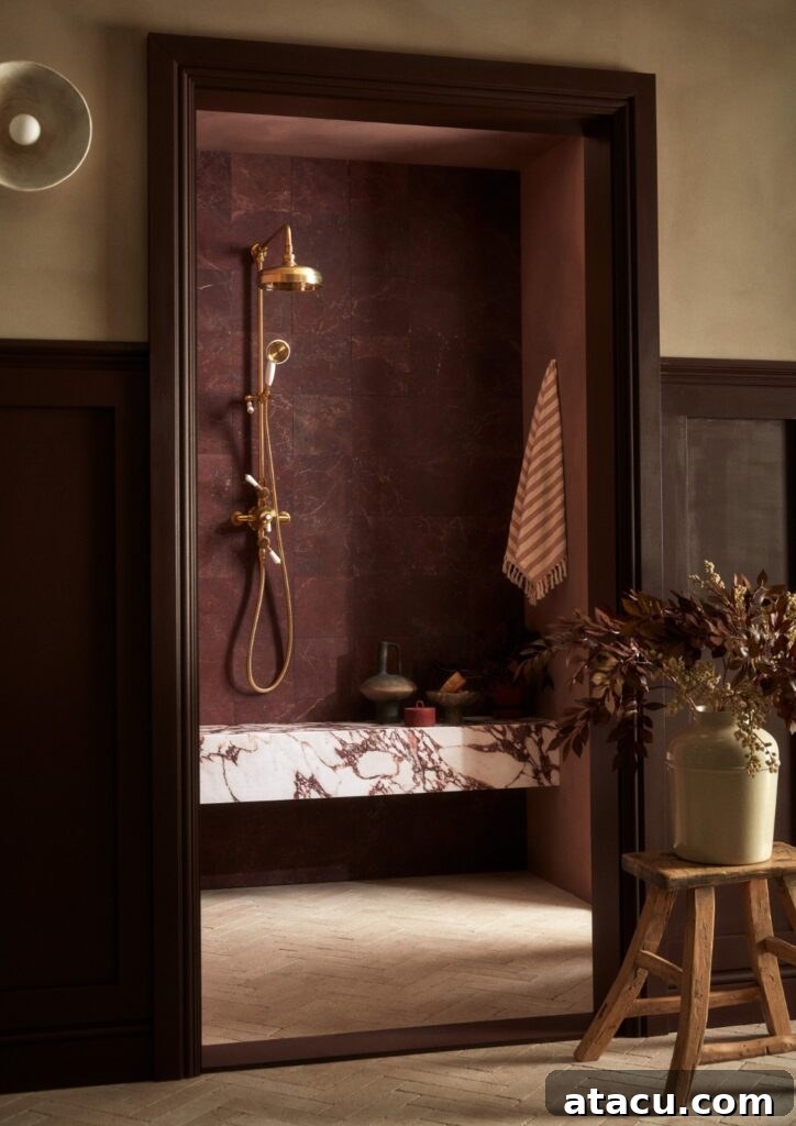 A luxurious dark bathroom idea featuring deep burgundy tiles, a marble bench, and a brass showerhead, setting a sophisticated tone for modern interiors.