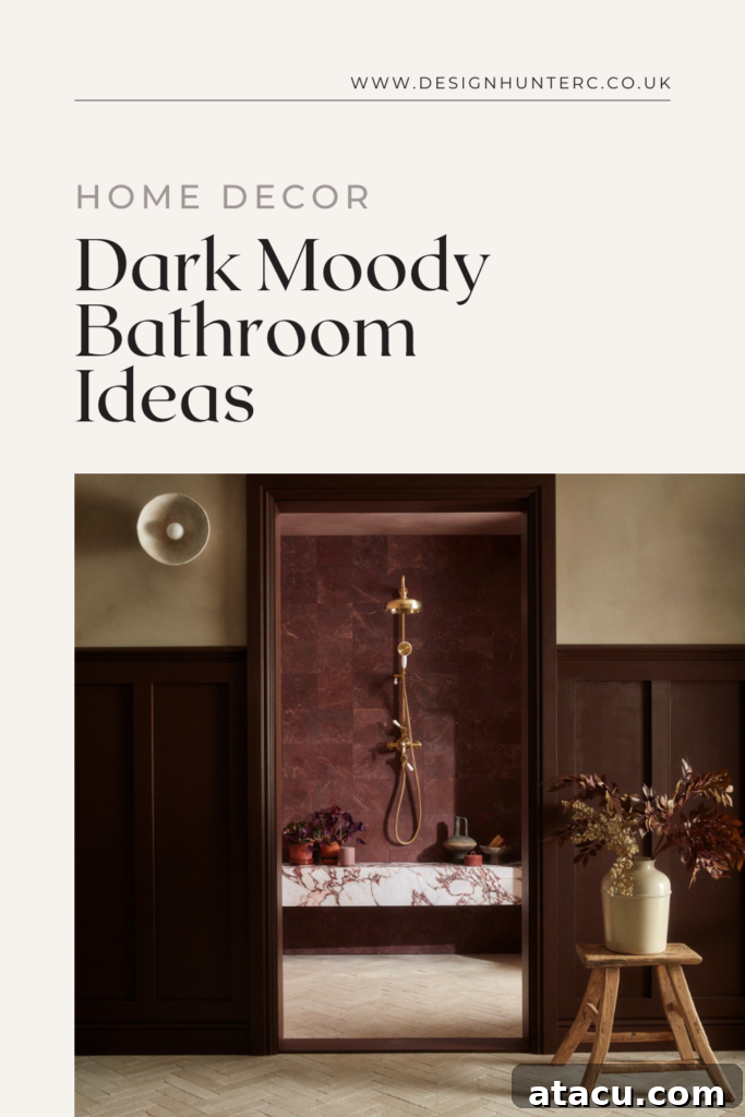 A luxurious dark bathroom idea featuring deep burgundy tiles, a marble bench, and a brass showerhead, perfect for pinning to your dream bathroom board.