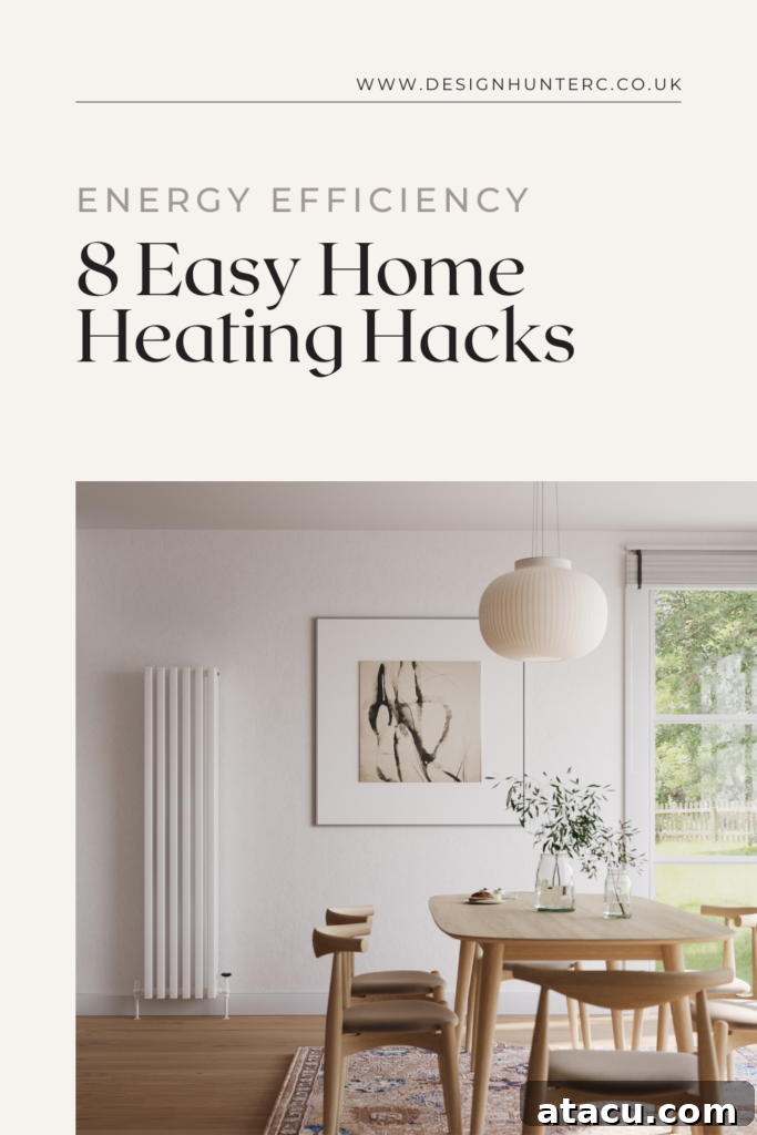 
Modern dining area with a tall white radiator and natural light, showcasing energy-efficient home heating hacks.