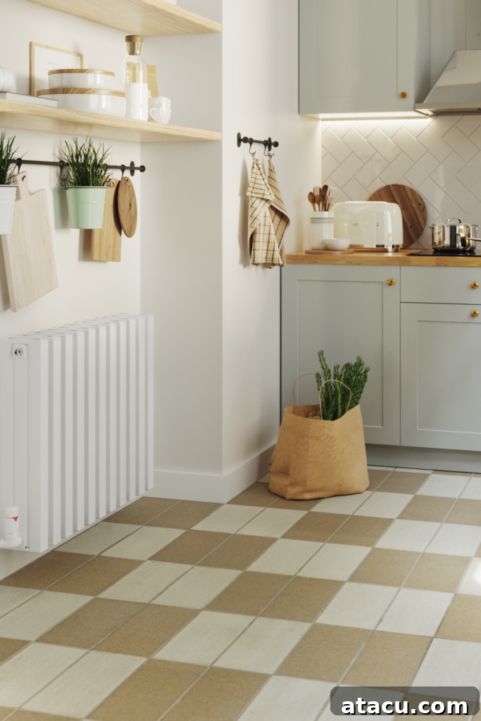 Cozy kitchen with a compact radiator, showcasing practical home heating hacks for warmth and efficiency.