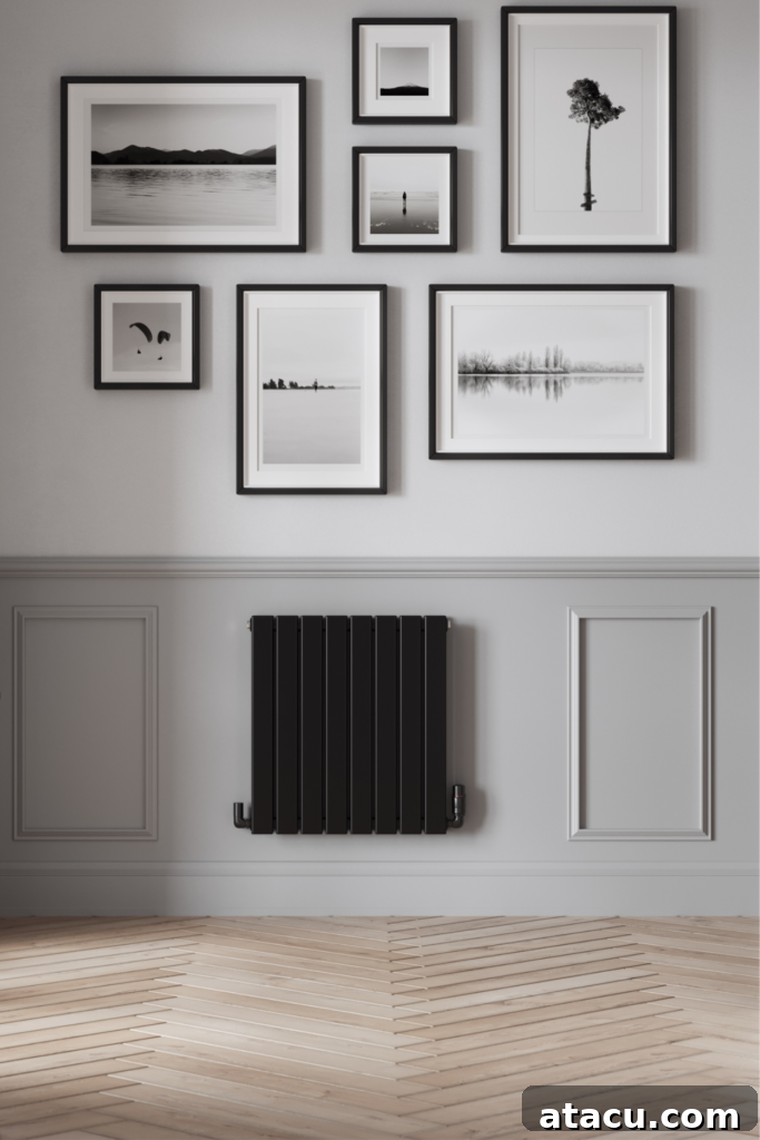 Elegant wall gallery with a sleek black radiator beneath, illustrating chic and efficient home heating hacks.