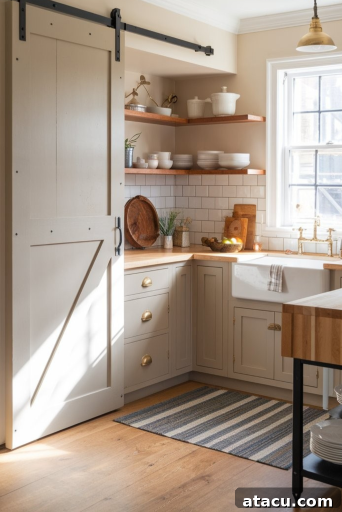 Small kitchen with a space-saving sliding barn door, open wooden shelves, farmhouse sink, and brass hardware, enhancing functionality.