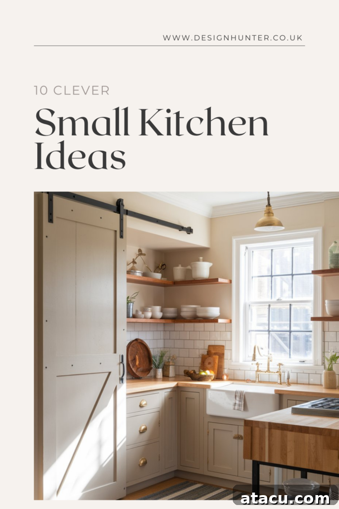 Small kitchen with a sliding barn door, open wooden shelves, farmhouse sink, and brass hardware, ideal for Pinterest inspiration.