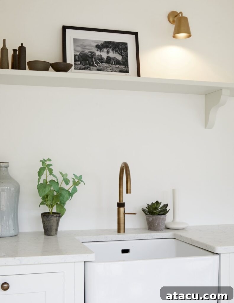 A sleek small kitchen with a brass faucet, white countertops, minimalist open shelving, and potted plants, illustrating bright and airy design principles.