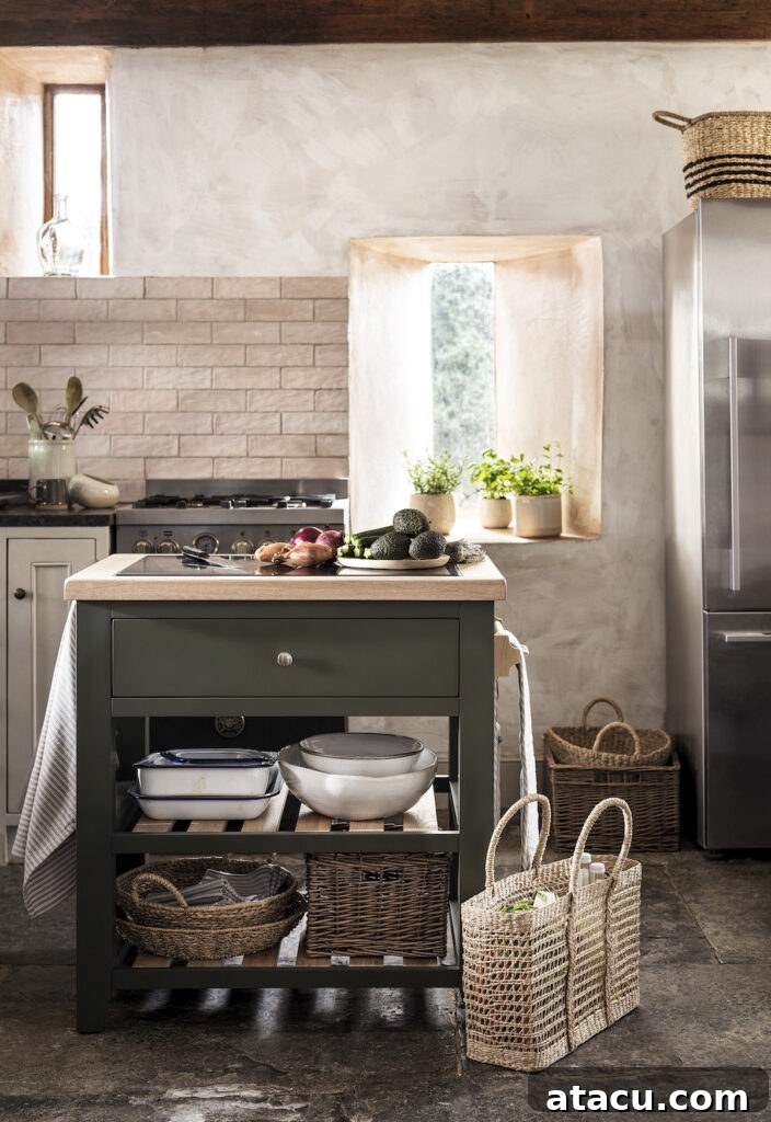 Cozy small kitchen with a functional island offering natural light and organised storage solutions, demonstrating multi-functional furniture.