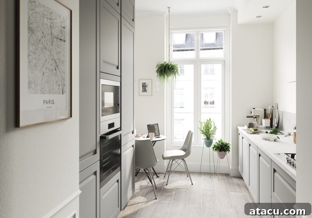 Elegant small kitchen flooded with natural light, featuring grey cabinetry and modern details, enhancing the sense of space.