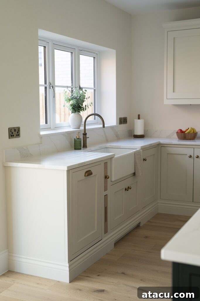 A bright small kitchen featuring cream cabinetry, a farmhouse sink, and natural light streaming through a large window, offering elegant small kitchen ideas with minimalist appeal.