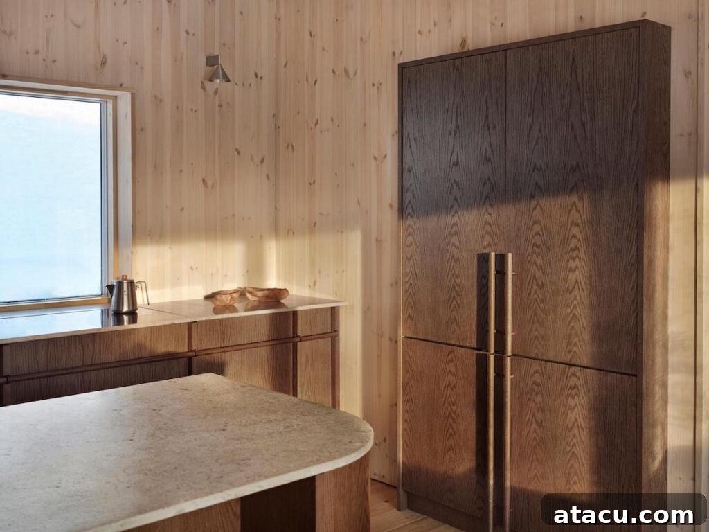 Modern kitchen showcasing rich wood kitchen cabinets, light wooden walls, and a sunlit countertop, highlighting the natural textures.