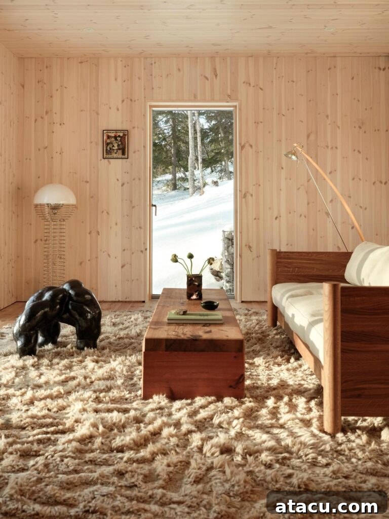 Warm living space in a modern mountain cabin retreat, featuring a cozy wooden armchair, a shaggy rug, and a snowy view through the door, inviting relaxation.