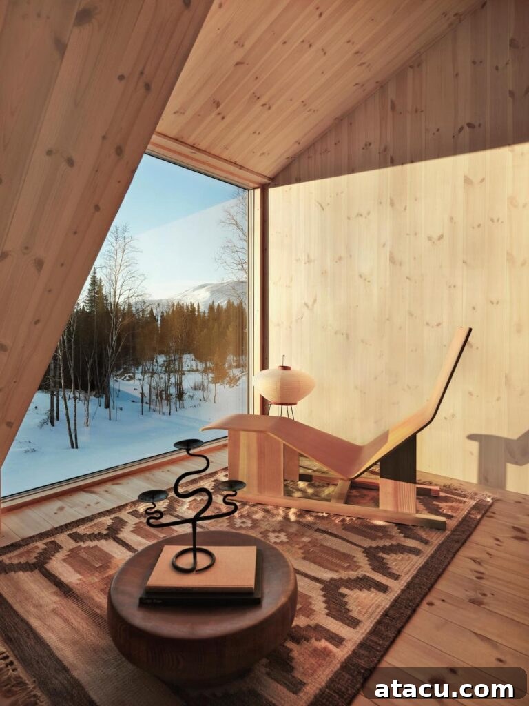 Cozy interior of a mountain cabin retreat, showcasing a wooden lounge chair by a large window with snowy views, and minimalist warm decor.