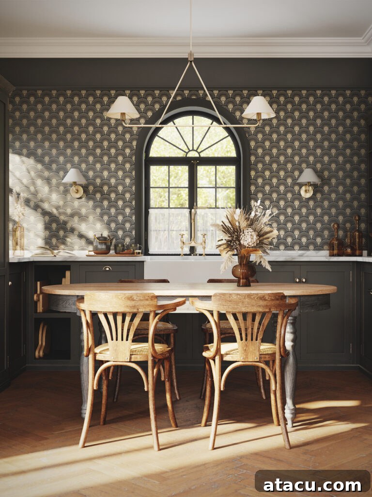 A sophisticated kitchen with dark cabinetry, herringbone flooring, and a bold Art Deco fan-patterned wallpaper in smokey grey and gold, showcasing kitchen wallpaper ideas.