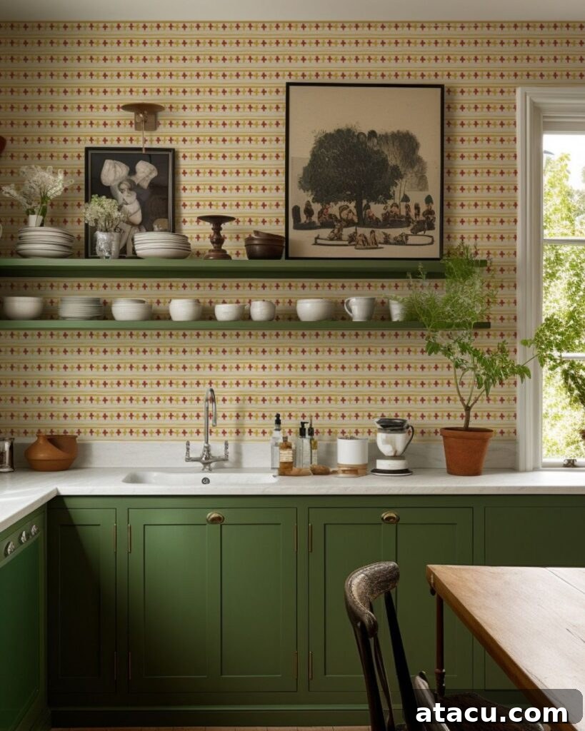 Kitchen with deep green cabinets, open shelving and warm-toned geometric wallpaper.