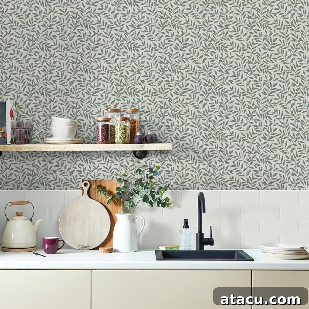 Kitchen with a soft green leaf trail wallpaper with neutral cabinetry and natural wood accents.