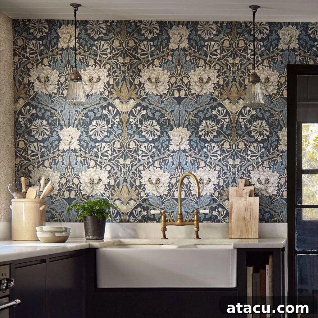 Kitchen with a richly patterned blue and gold wallpaper with entwined honeysuckle and tulip motifs, paired with brass fixtures and dark cabinetry.