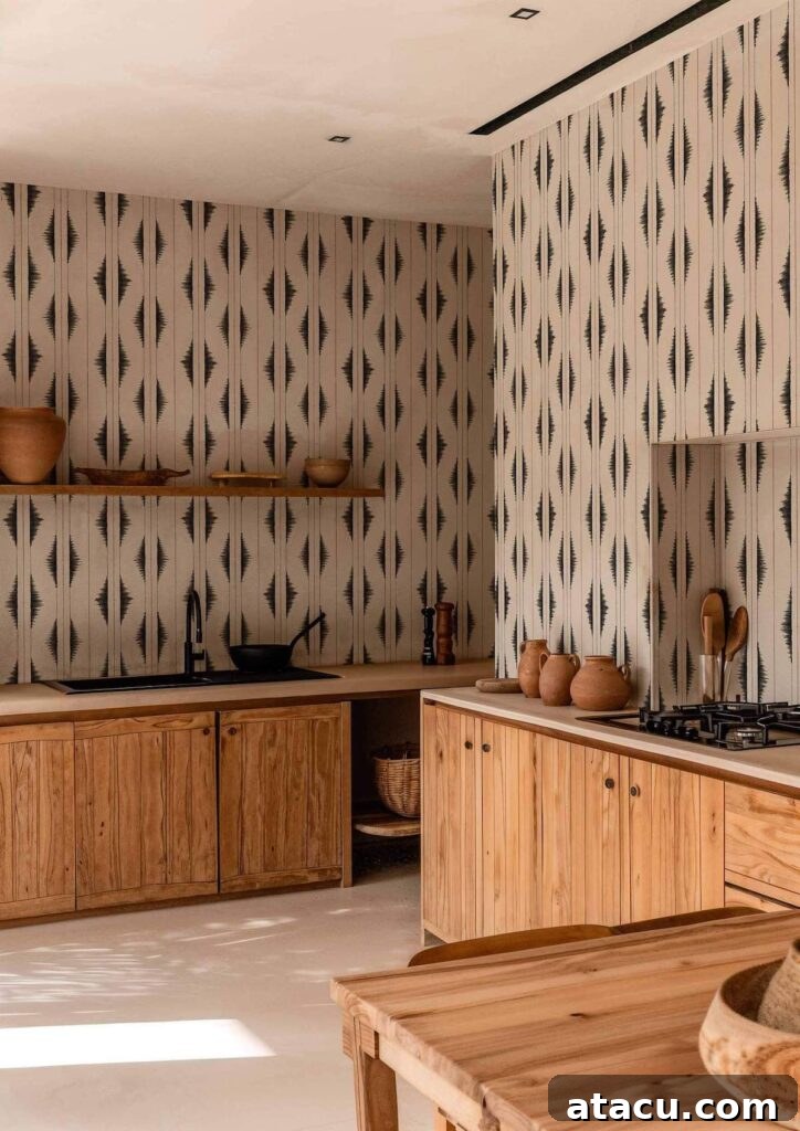  A warm, earthy kitchen with textured Azilal Embroidery Zebra wallpaper, natural wood cabinetry, and terracotta accents