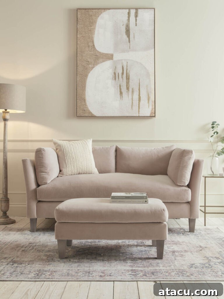 Soft and neutral living room featuring a blush pink sofa, matching ottoman, magnolia-toned walls, and abstract artwork.