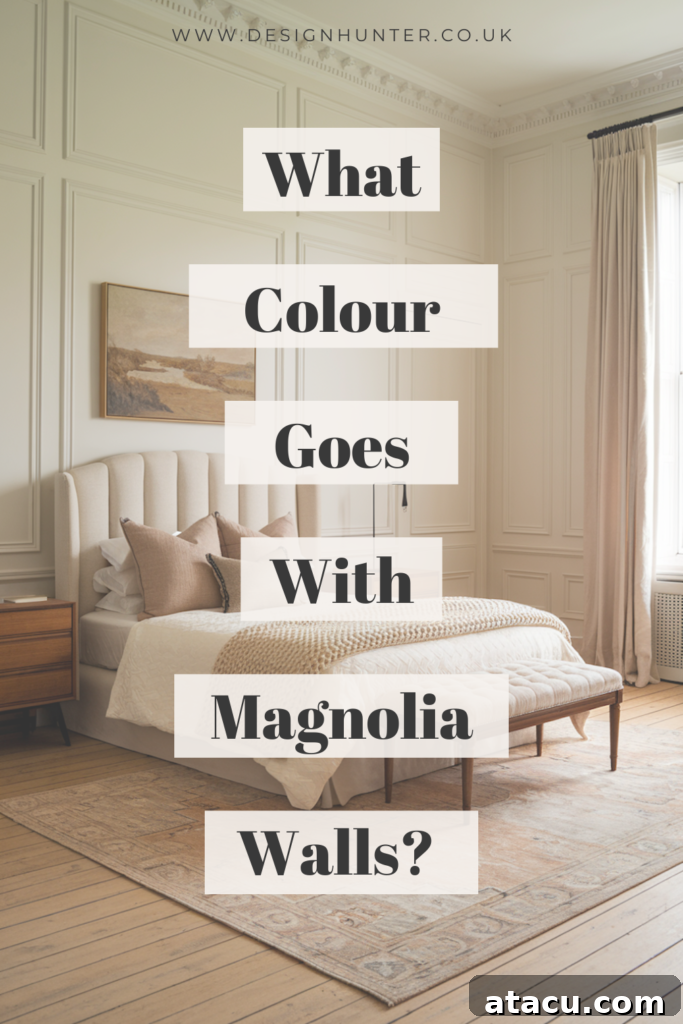 Elegant bedroom with magnolia walls, a neutral bed, warm-toned decor, and soft lighting.