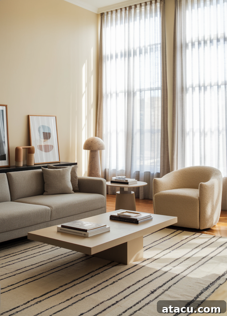 Contemporary living room with magnolia and grey decor, including a plush rug, abstract artwork, and elegant floor-to-ceiling sheer curtains.