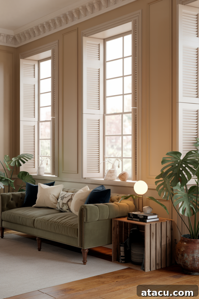A Magnolia living room featuring an olive green tufted velvet sofa, wooden side table, and large windows with white shutters, creating a warm and elegant atmosphere.