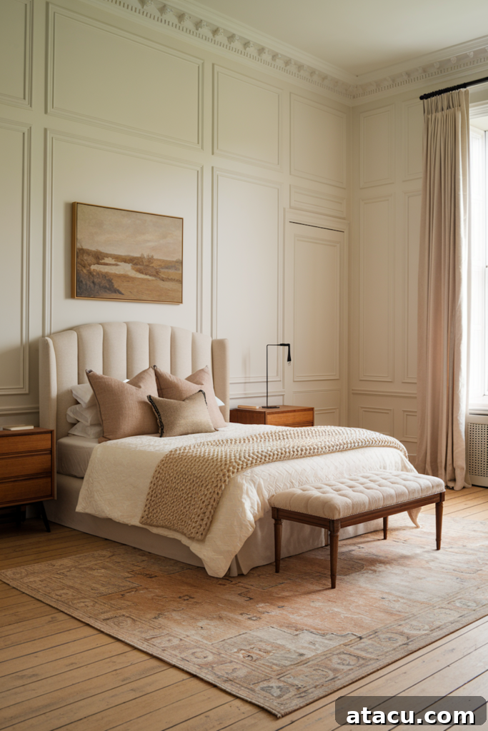 Warm and inviting bedroom with neutral decor, layered textiles, an upholstered bed, wooden nightstands, and soft linen curtains.