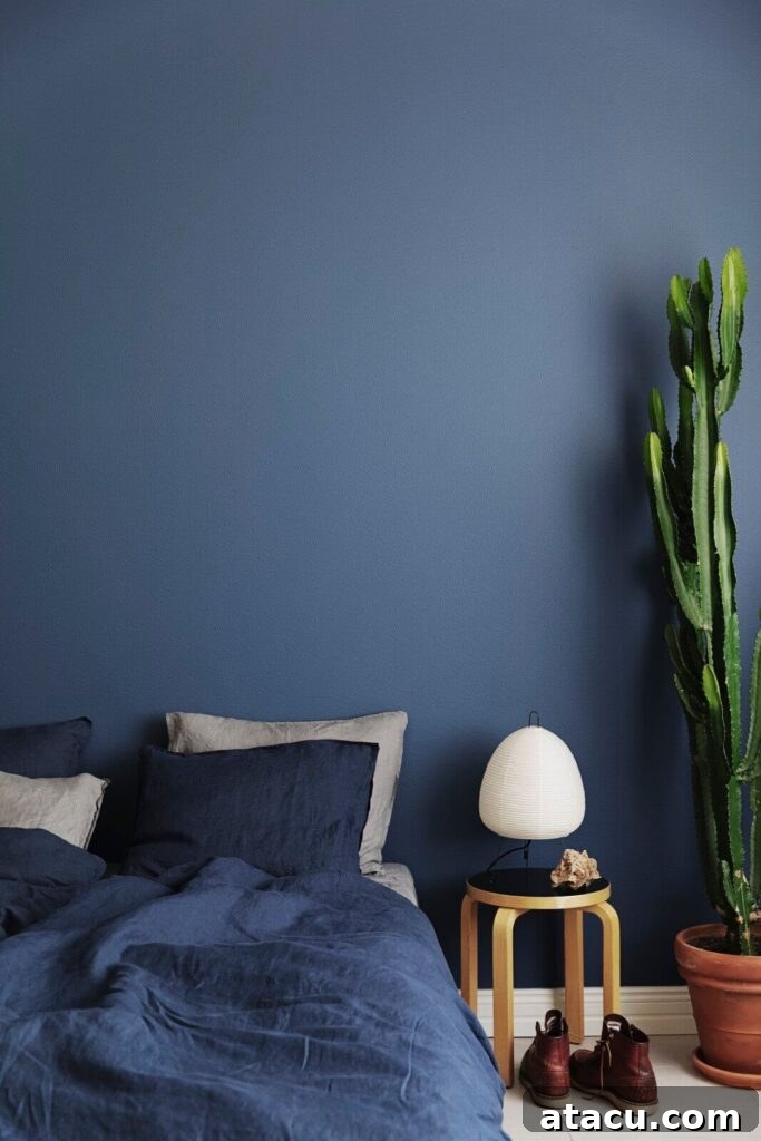 A cozy bedroom with a deep blue wall, navy and beige bedding, and a wooden side table holding a white paper lantern lamp. A tall green cactus in a terracotta pot adds contrast, while a pair of brown leather boots rests on the floor.