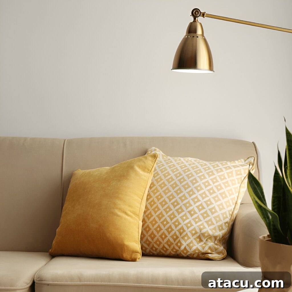 A beige sofa adorned with two yellow decorative pillows, one solid and one patterned, under a brass wall-mounted lamp. A green houseplant in a paper-wrapped pot adds a natural touch to the neutral-toned space.