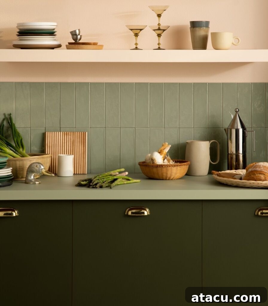 A stylish kitchen with sage green tiled backsplash, dark green cabinets with gold handles, and open shelves displaying neutral-toned dishware. Fresh vegetables, bread, and kitchen essentials add warmth to the earthy color palette.