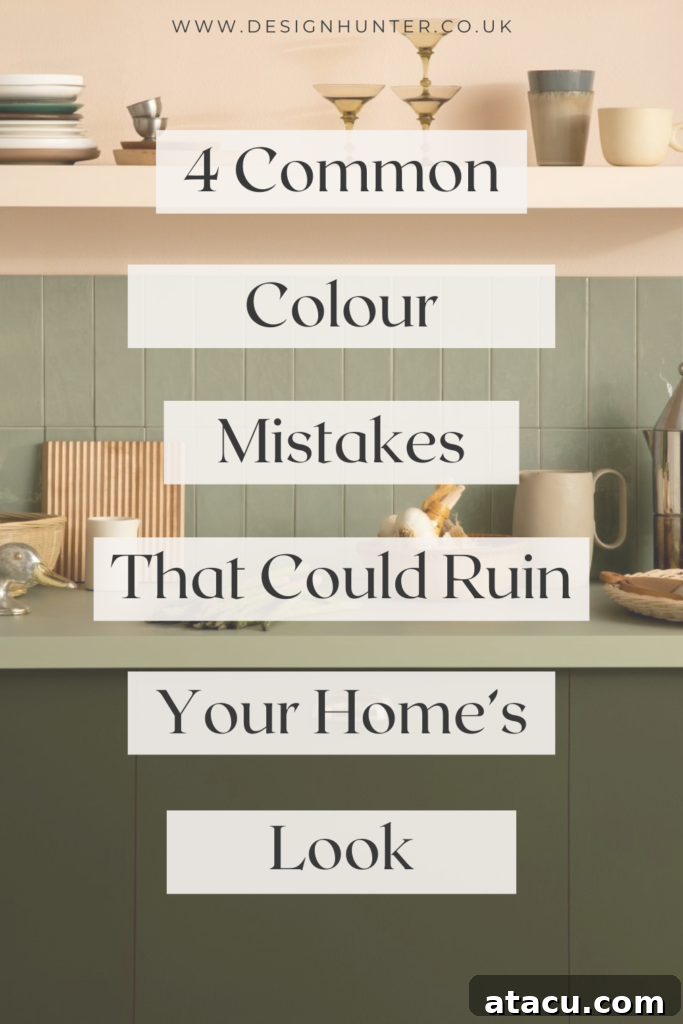 A stylish kitchen with muted green cabinetry, a sage green tiled backsplash, and a beige countertop. Open shelving displays stacked dishes, decorative glassware, and neutral-toned mugs. The text overlay reads, "4 Common Colour Mistakes That Could Ruin Your Home’s Look.