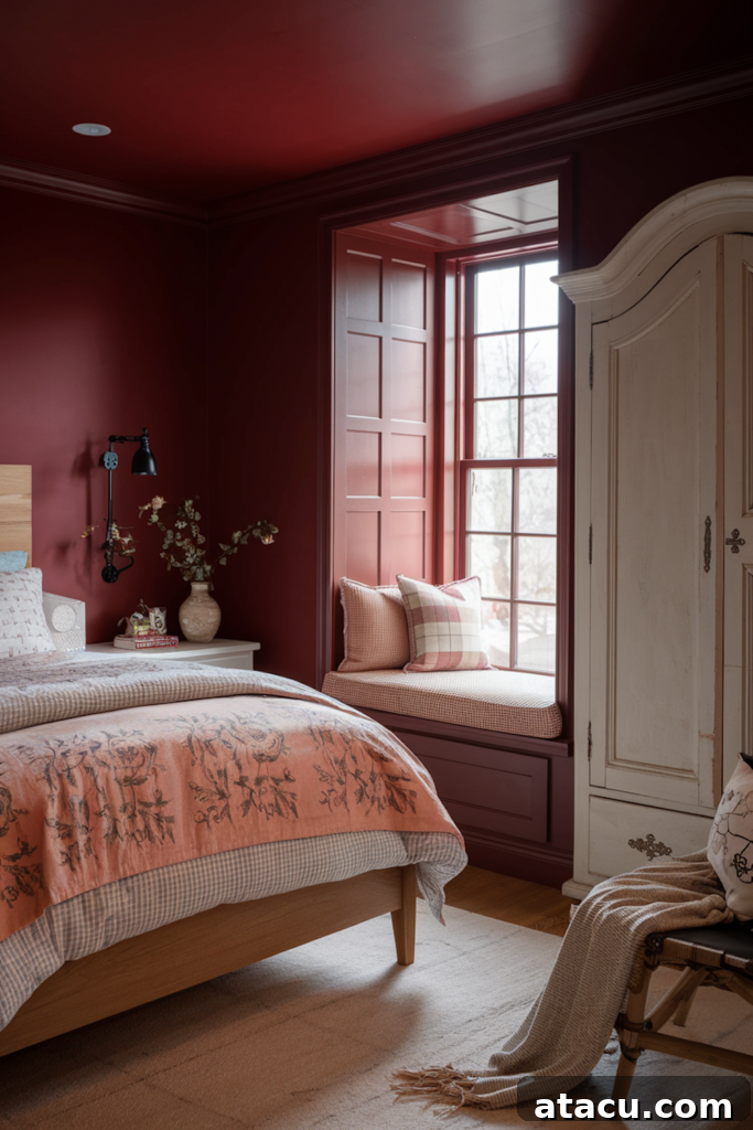 Ignite Your Interior: 8 Cherry Red Design Concepts 2 A cozy bedroom featuring cherry-red walls and ceiling, a built-in window seat with checkered cushions, and layered bedding in soft, complementary tones.