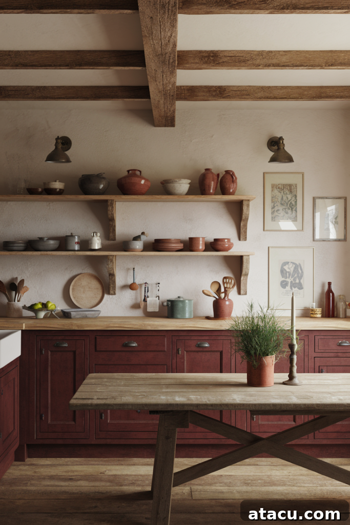 Ignite Your Interior: 8 Cherry Red Design Concepts 3 Rustic farmhouse kitchen with cherry red cabinets, open wooden shelves, and vintage-inspired decor. Exposed wooden beams and earthy ceramic dishware enhance the cozy, warm atmosphere.