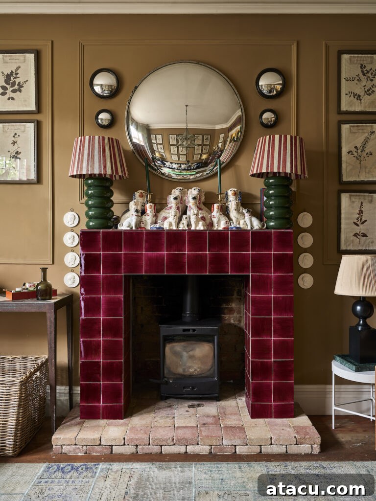 Ignite Your Interior: 8 Cherry Red Design Concepts 4 A striking cherry-red tiled fireplace set against warm neutral walls, styled with vintage-inspired decor for a cozy yet sophisticated aesthetic.