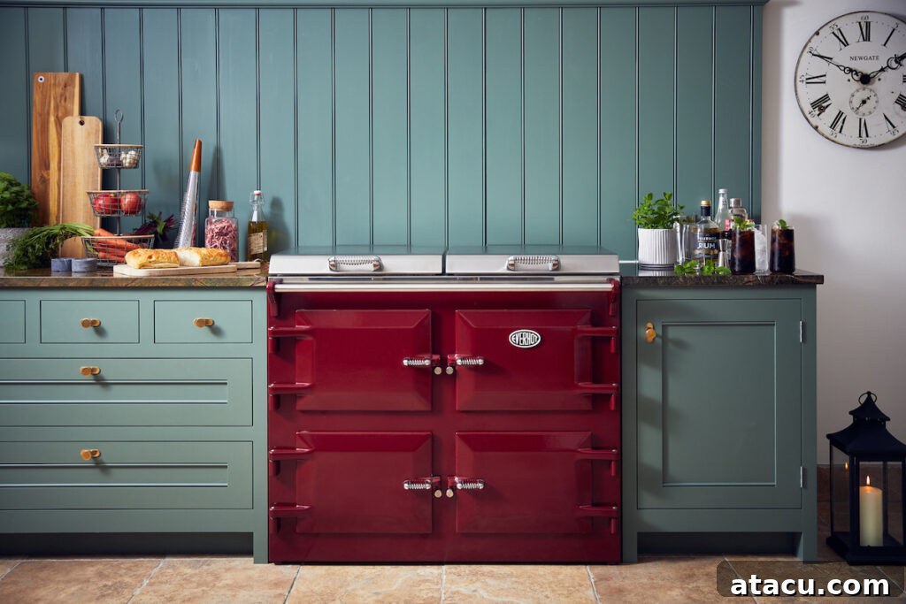 Ignite Your Interior: 8 Cherry Red Design Concepts 6 stunning cherry-red range cooker set against sage-green cabinetry, natural wood countertops, and warm brass accents for a balanced and inviting kitchen.