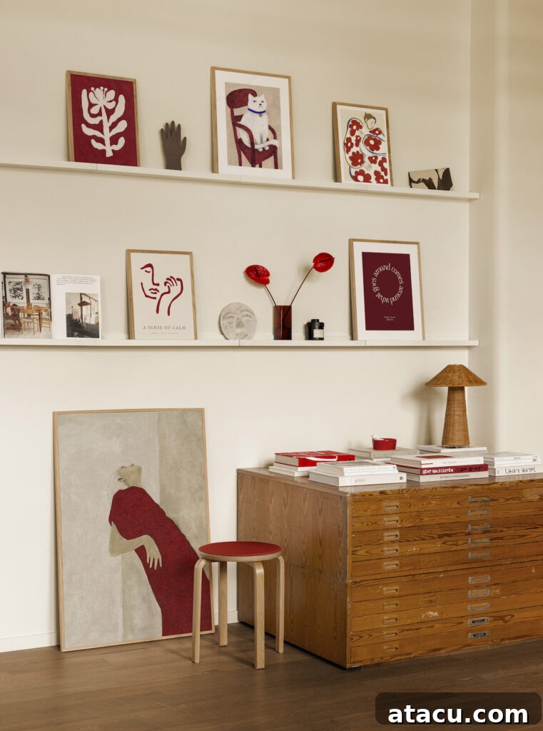 Ignite Your Interior: 8 Cherry Red Design Concepts 8 Curated gallery wall and decor featuring cherry red accents in a modern, neutral-toned interior.