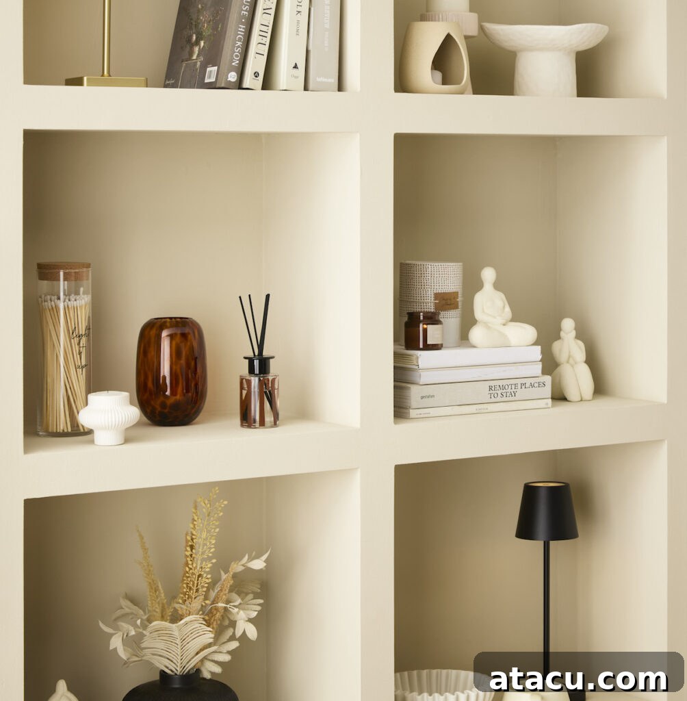 A minimalist built-in shelving unit with neatly arranged decorative objects, including books, vases, candles, reed diffusers, and sculptural figurines in neutral tones. The shelves feature a harmonious mix of textures and shapes, creating a stylish and curated aesthetic.