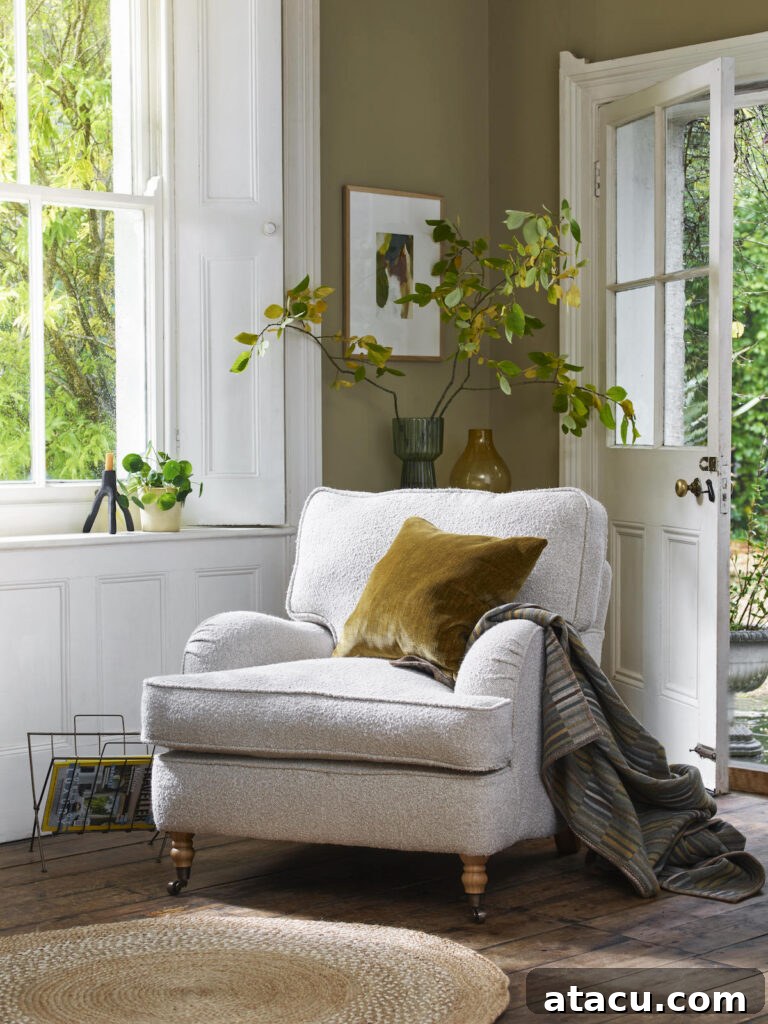 A cozy reading nook with a textured armchair, a velvet pillow, and a striped throw blanket, set by an open door with greenery outside. The space features warm natural tones, wooden floors, and soft lighting.