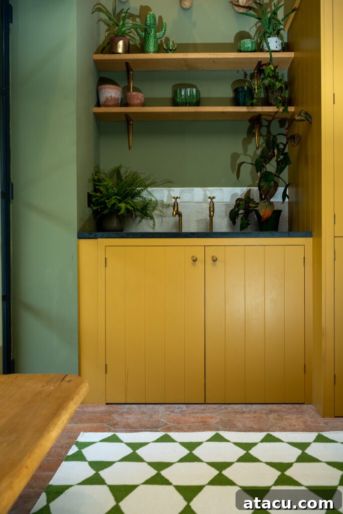 A stylish kitchen corner with mustard yellow cabinets, open wooden shelves adorned with potted plants and ceramics, and a dark countertop with brass faucets. The green walls and geometric-patterned rug add a bold, modern touch.