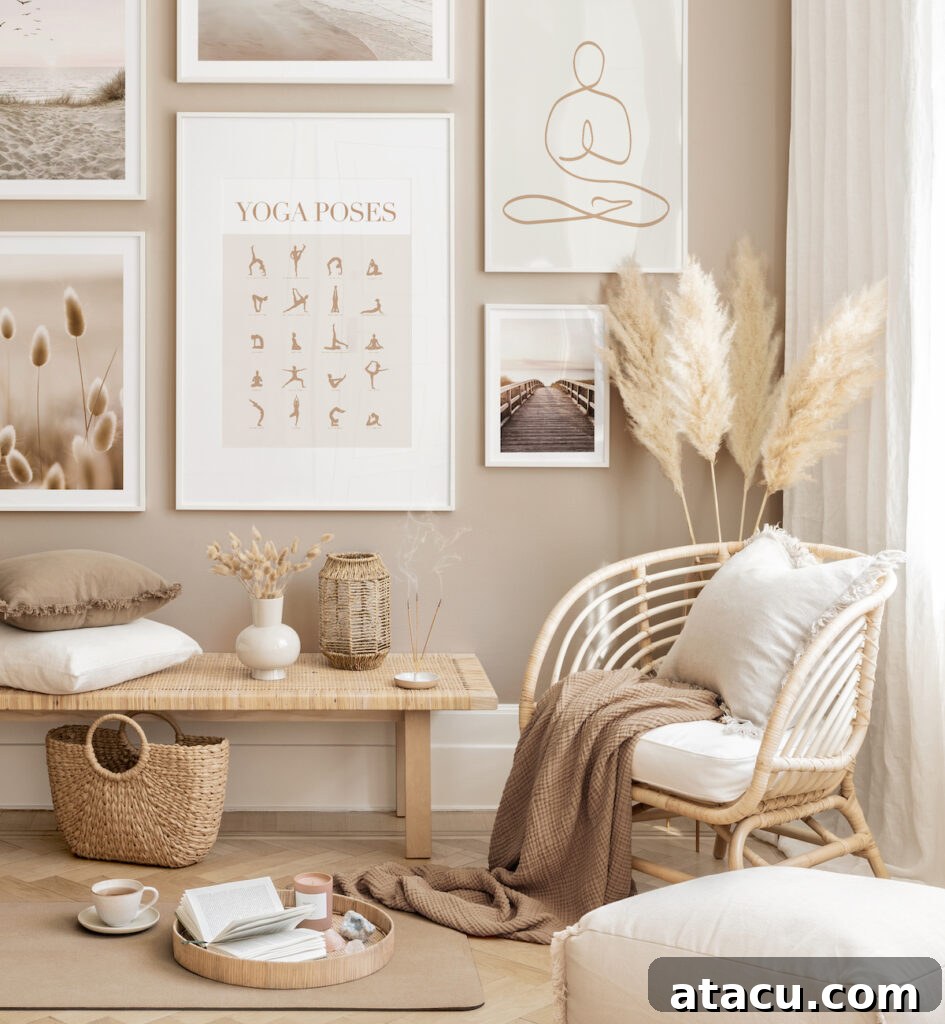 A cozy, neutral-toned living space with a rattan chair, soft textiles, a yoga mat, and a gallery wall featuring yoga and nature-inspired artwork. The room is styled with pampas grass, woven baskets, and calming decor.