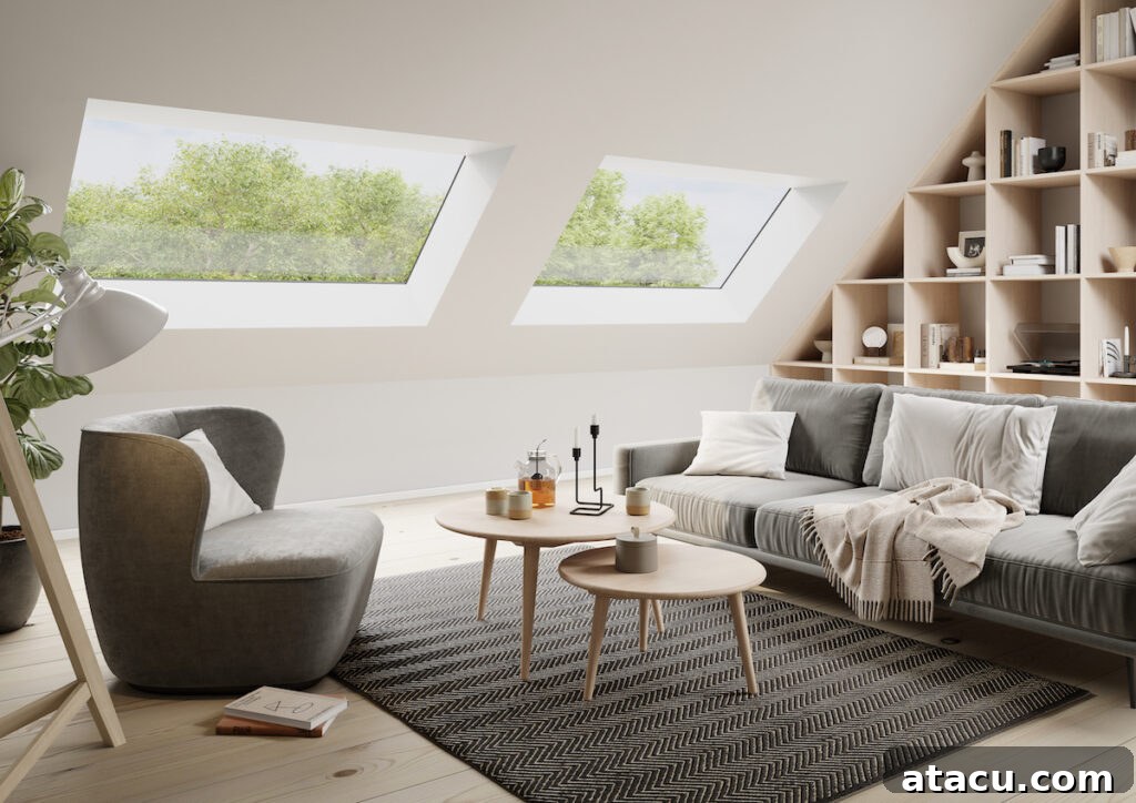  A modern attic living room with large skylight windows, a gray sofa, a cozy armchair, and a built-in bookshelf.