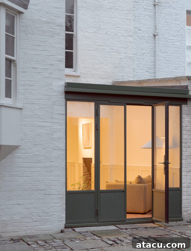The exterior of a Georgian home renovation showcasing a modern glass sunroom with green-framed doors and warm interior lighting.