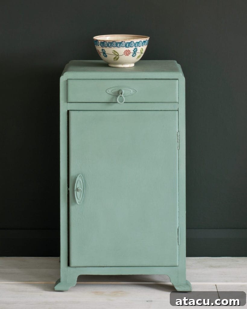 Curated Duck Egg Blue Paint Colors by Top Brands 12 A beautifully upcycled furniture piece painted with Annie Sloan's Duck Egg Blue chalk paint, showcasing its muted, vintage finish and unique texture.