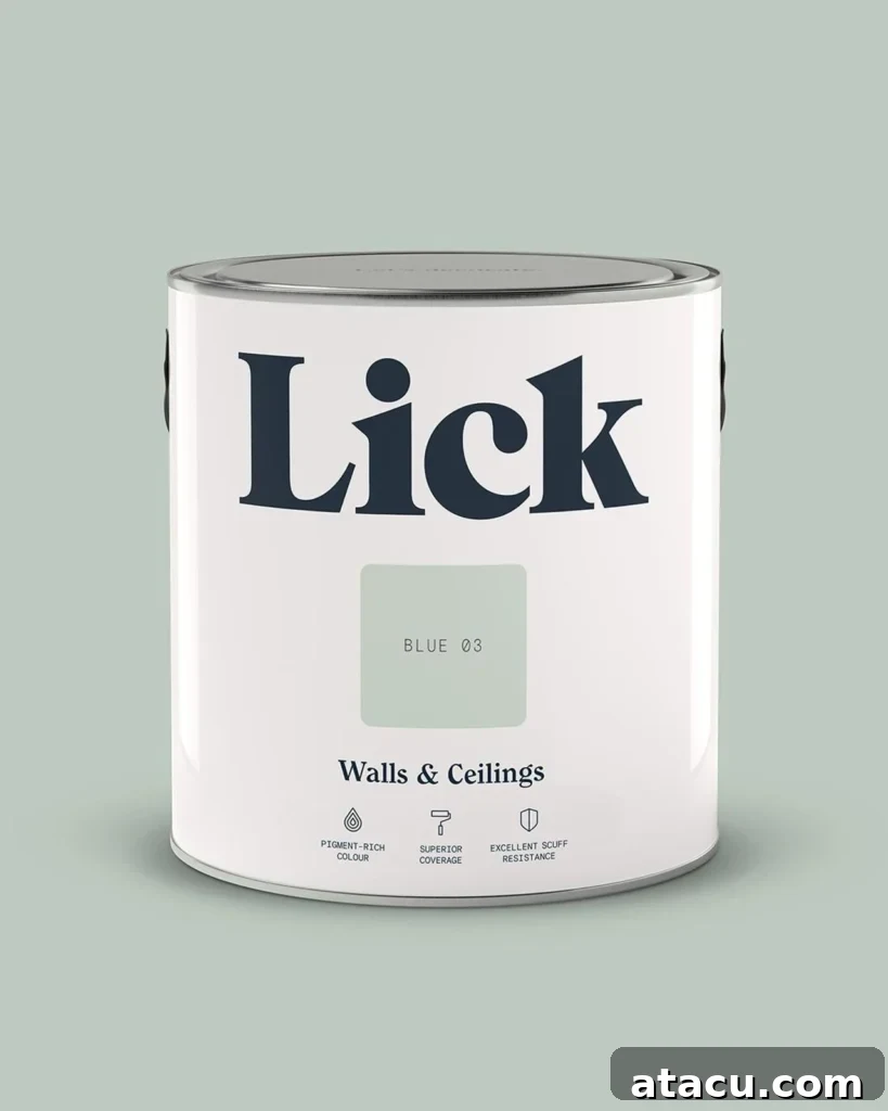 Curated Duck Egg Blue Paint Colors by Top Brands 3 Lick Blue 03 paint swatch, depicting a contemporary, muted duck egg blue with grey undertones, ideal for a sleek finish.