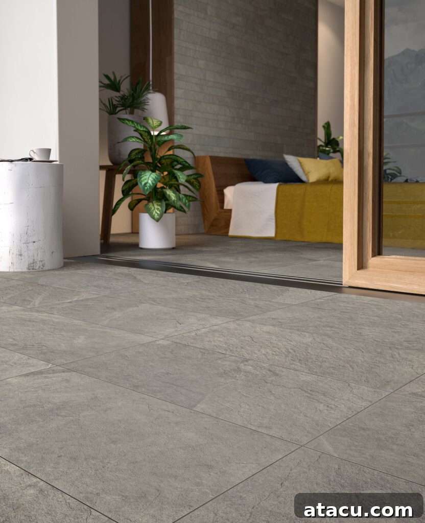 Mastering Outdoor Porcelain Tile Cleaning for a Flawless Finish 2 Textured gray outdoor porcelain tiles in a modern indoor-outdoor space with plants and wood accents.