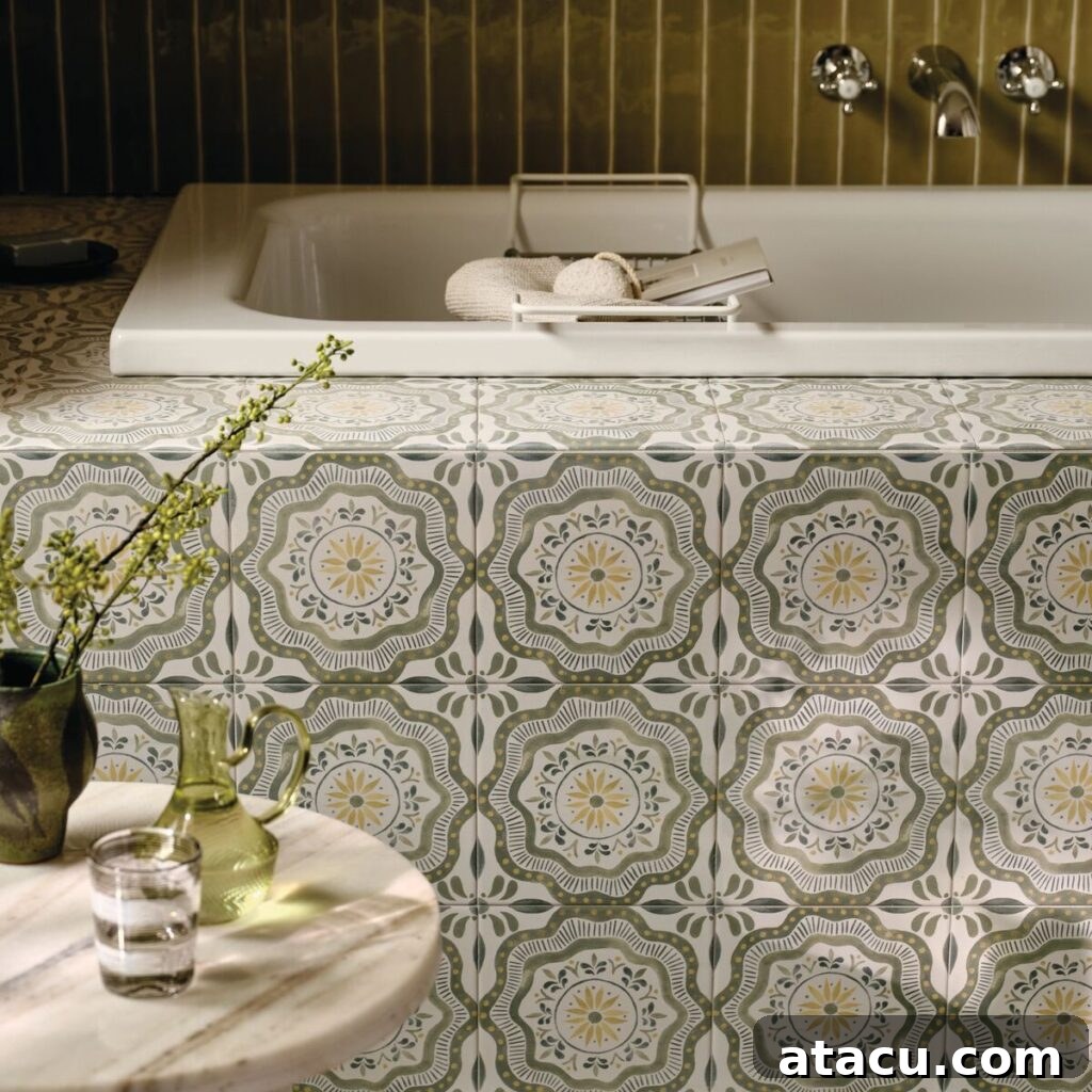 A close up of a bathroom tiled in Cochin Green tiles by Nina Campbell for Fired Earth.