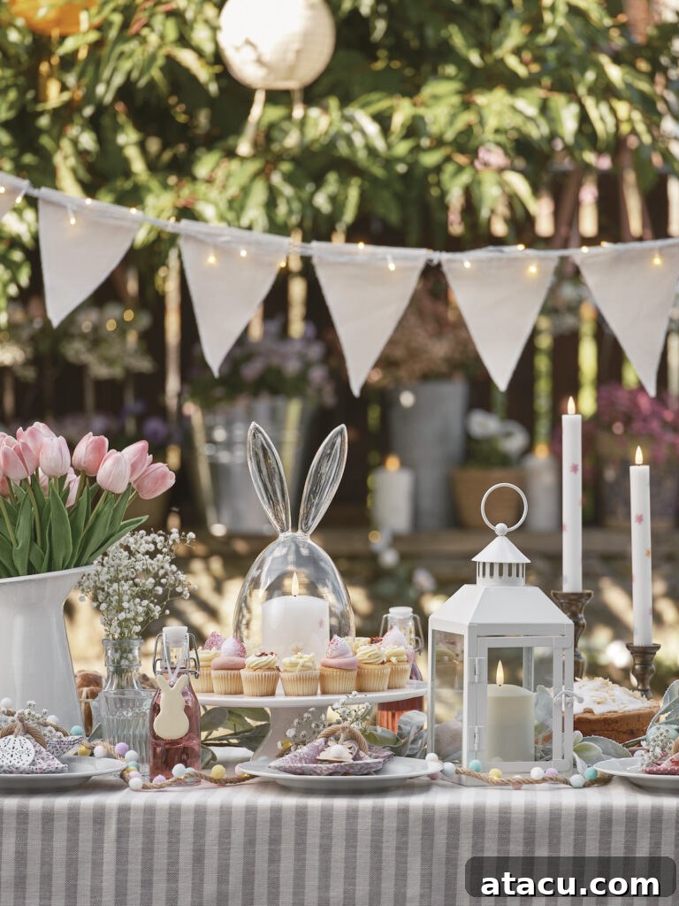 Easter-themed outdoor table with cupcakes, candles, pastel decorations, and a bunny-ear cloche, set beneath bunting and fairy lights.