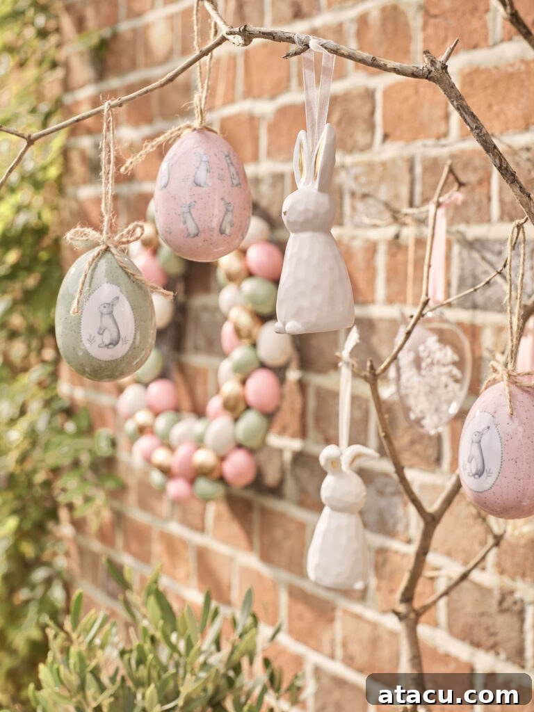 Pastel Easter decorations hanging from tree branches, including ceramic bunnies and illustrated eggs, with an egg wreath on a brick wall in the background.
