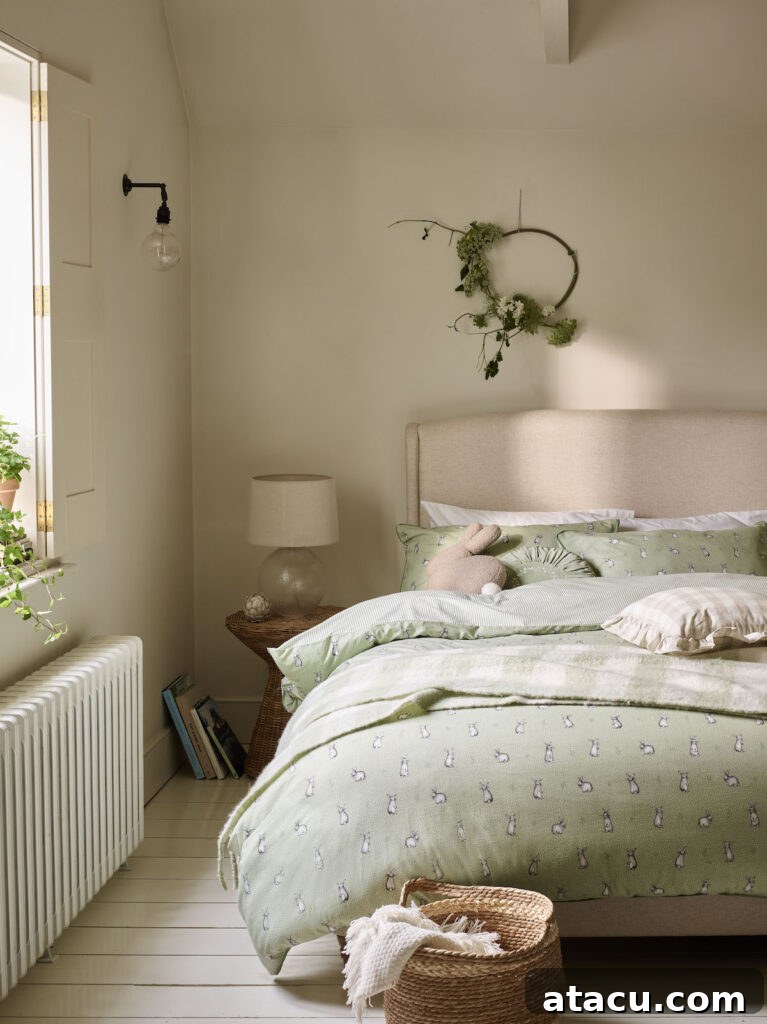 Calm, neutral bedroom with green bunny-print bedding, a soft toy rabbit, and a minimal floral wreath on the wall.