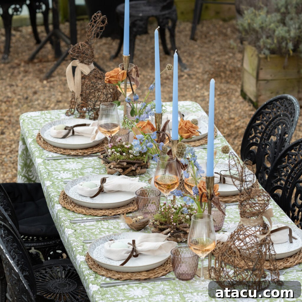Outdoor spring table setting with a green and white floral tablecloth, blue taper candles, and wicker bunny sculptures as centrepieces. The table is elegantly set with woven placemats, white plates, cloth napkins tied with velvet ribbons, and pastel-hued glassware. Floral arrangements in soft orange and blue add a seasonal touch.