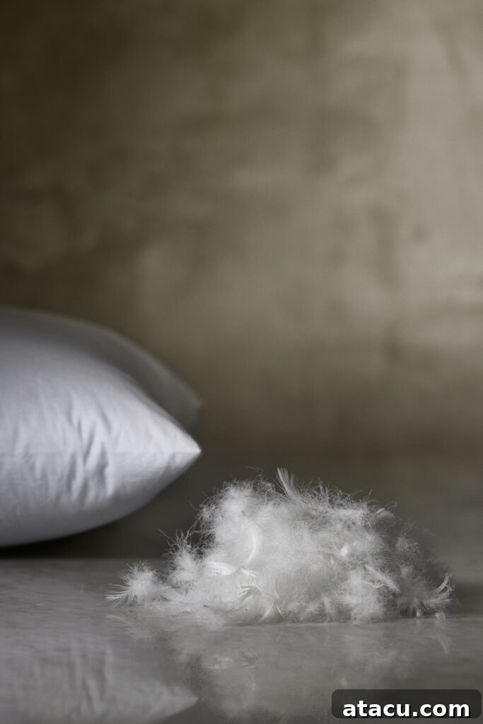 Close-up of white down feathers beside a white pillow on a smooth surface.